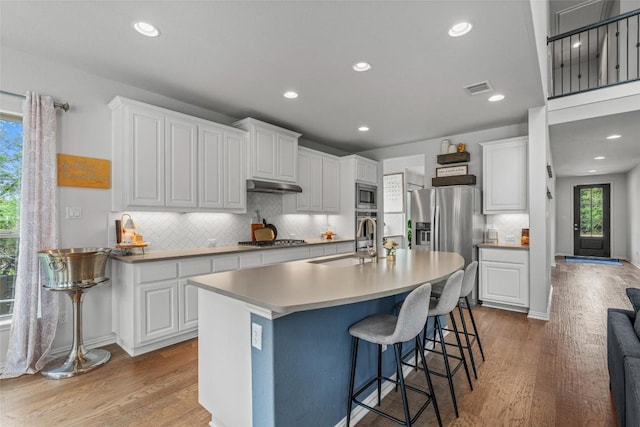 1626 Bearkat Canyon Dr, Dripping Springs, TX 78620 - kitchen featuring appliances with stainless steel finishes, under cabinet range hood, light wood-style floors, healthy amount of natural light, and recessed lighting