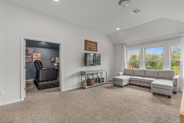 1626 Bearkat Canyon Dr, Dripping Springs, TX 78620 - living area featuring lofted ceiling, carpet floors, and recessed lighting