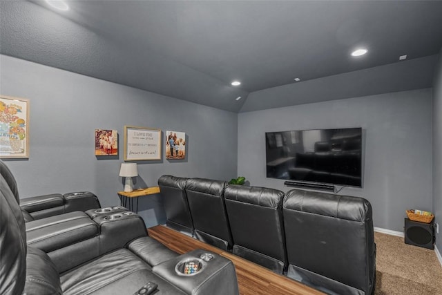1626 Bearkat Canyon Dr, Dripping Springs, TX 78620 - home theater room with carpet, lofted ceiling, and recessed lighting