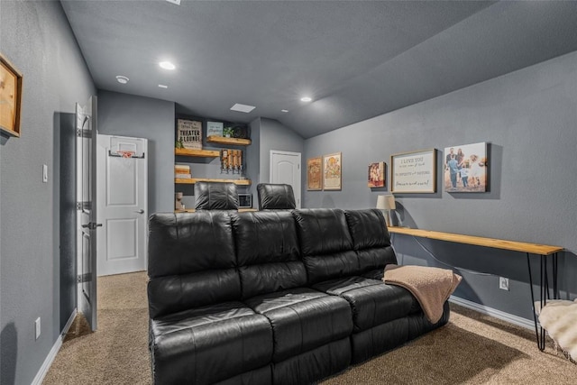 1626 Bearkat Canyon Dr, Dripping Springs, TX 78620 - home theater featuring carpet floors, lofted ceiling, and recessed lighting