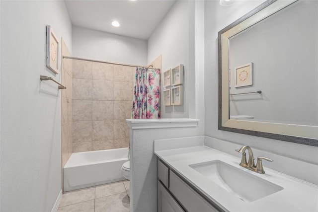 1626 Bearkat Canyon Dr, Dripping Springs, TX 78620 - full bath with vanity, shower / bathtub combination with curtain, tile patterned flooring, and recessed lighting