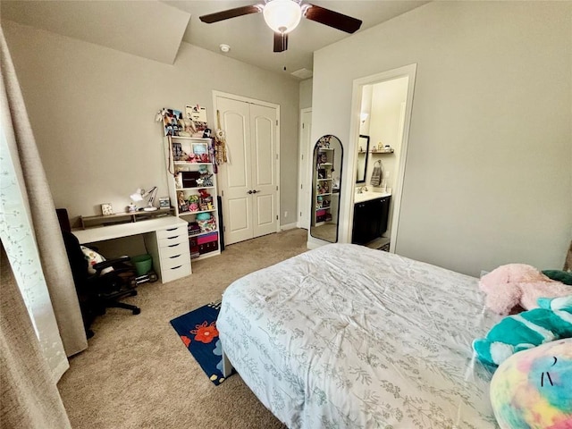 707 Mendocino Ln, Austin, TX 78737 - bedroom with carpet, a closet, ceiling fan, and ensuite bathroom