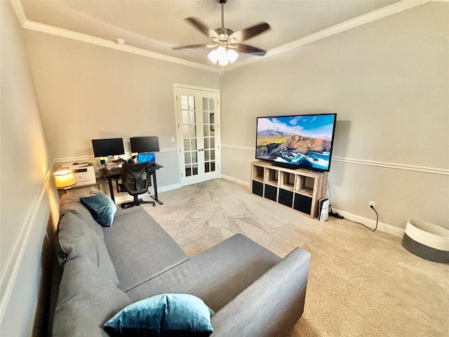 707 Mendocino Ln, Austin, TX 78737 - carpeted living room featuring french doors, a ceiling fan, ornamental molding, a desk, and baseboards