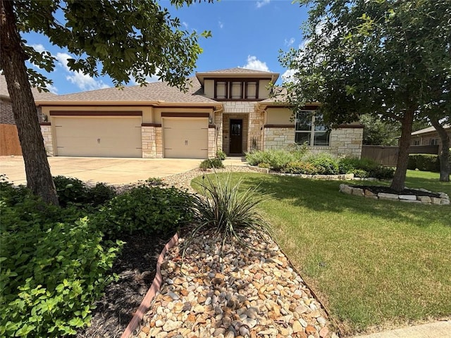 707 Mendocino Ln, Austin, TX 78737 - prairie-style home with stone siding, an attached garage, stucco siding, and driveway