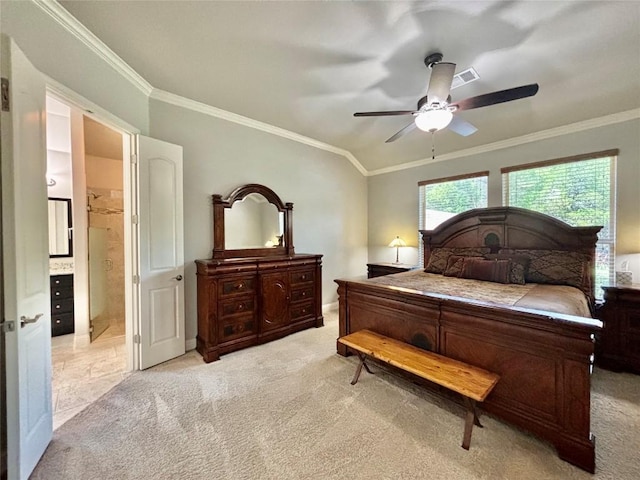 707 Mendocino Ln, Austin, TX 78737 - bedroom with ornamental molding, light carpet, a ceiling fan, and connected bathroom
