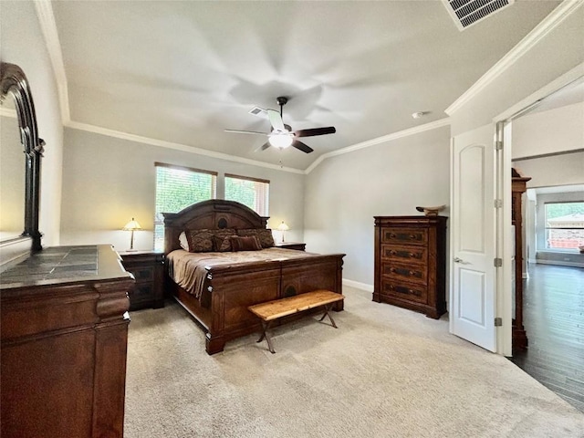 707 Mendocino Ln, Austin, TX 78737 - bedroom featuring crown molding, baseboards, light carpet, and a ceiling fan