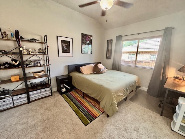 707 Mendocino Ln, Austin, TX 78737 - carpeted bedroom with lofted ceiling, baseboards, and ceiling fan