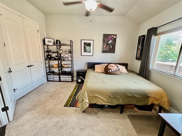 707 Mendocino Ln, Austin, TX 78737 - bedroom featuring light colored carpet, vaulted ceiling, and ceiling fan