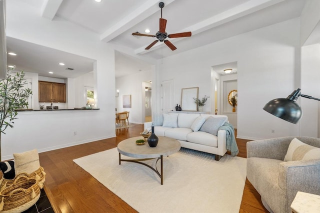 6201 River Place Blvd Unit 4, Austin, TX 78730 - living room featuring dark wood finished floors, beam ceiling, ceiling fan, and recessed lighting