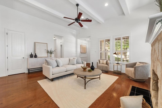 6201 River Place Blvd Unit 4, Austin, TX 78730 - living room featuring beamed ceiling, ceiling fan, dark wood finished floors, and recessed lighting
