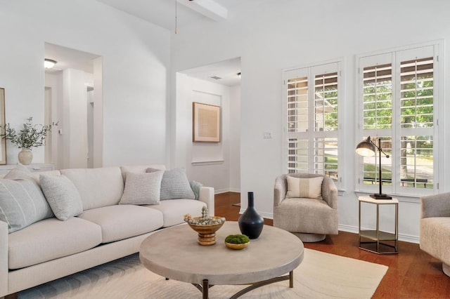 6201 River Place Blvd Unit 4, Austin, TX 78730 - living room with wood finished floors and beamed ceiling