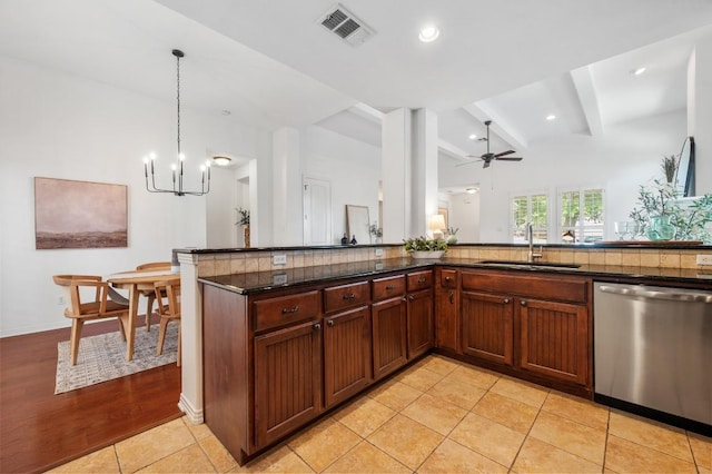 6201 River Place Blvd Unit 4, Austin, TX 78730 - kitchen with dishwasher, beam ceiling, a chandelier, hanging light fixtures, and a ceiling fan