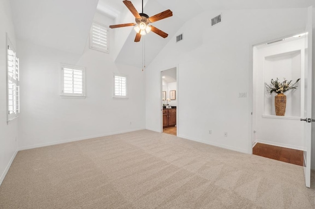 6201 River Place Blvd Unit 4, Austin, TX 78730 - unfurnished bedroom with carpet floors, high vaulted ceiling, ensuite bathroom, and a ceiling fan