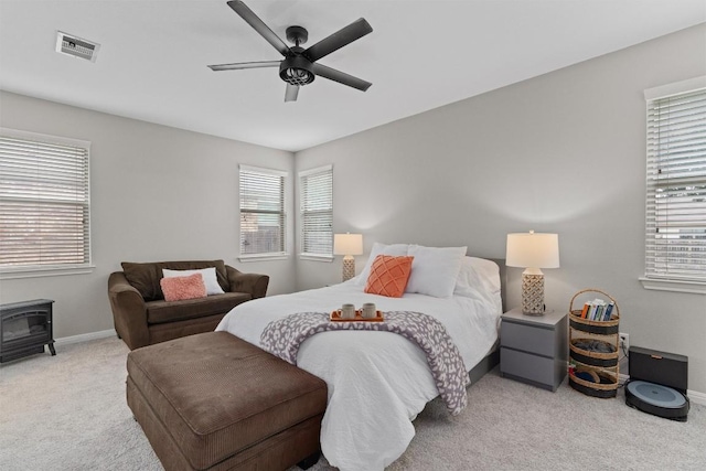 1017 Sussex Way, Round Rock, TX 78665 - carpeted bedroom with a wood stove, multiple windows, and baseboards