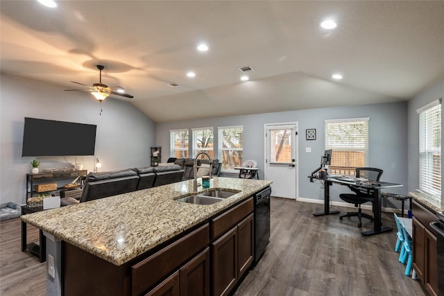 2612 American Dr, Lago Vista, TX 78645 - kitchen featuring a sink, dishwasher, vaulted ceiling, dark wood-style floors, and dark brown cabinetry