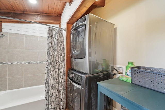 360 Little Barton Dr, Dripping Springs, TX 78620 - washroom featuring stacked washer / drying machine and wood ceiling