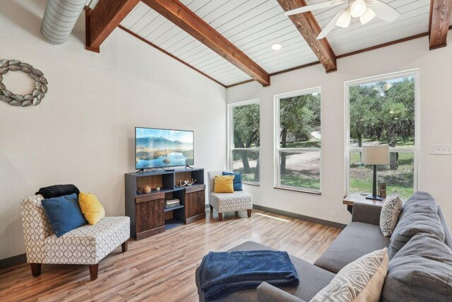 360 Little Barton Dr, Dripping Springs, TX 78620 - living area featuring wooden ceiling, wood finished floors, ceiling fan, and baseboards