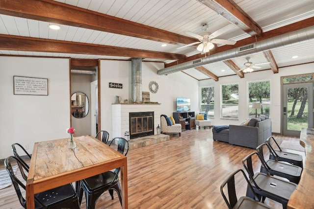 360 Little Barton Dr, Dripping Springs, TX 78620 - living area with a ceiling fan, wood finished floors, a brick fireplace, wooden ceiling, and recessed lighting