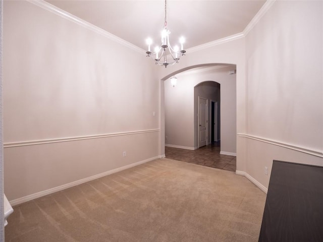 2214 Yellow Bird Trl, Austin, TX 78734 - carpeted spare room with arched walkways, a chandelier, ornamental molding, and baseboards