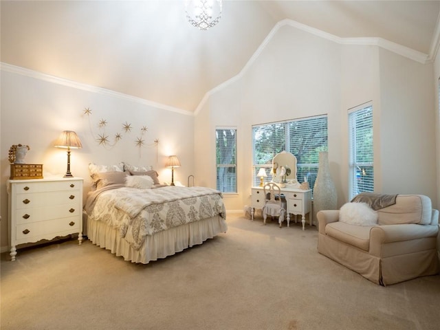 2214 Yellow Bird Trl, Austin, TX 78734 - bedroom featuring light carpet, crown molding, and high vaulted ceiling