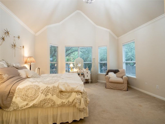 2214 Yellow Bird Trl, Austin, TX 78734 - bedroom featuring carpet flooring, baseboards, crown molding, and high vaulted ceiling