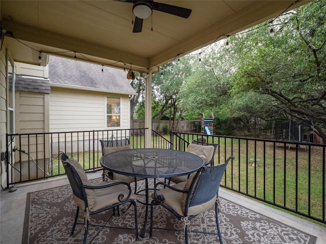 2214 Yellow Bird Trl, Austin, TX 78734 - view of patio / terrace featuring outdoor dining area, a ceiling fan, and a playground