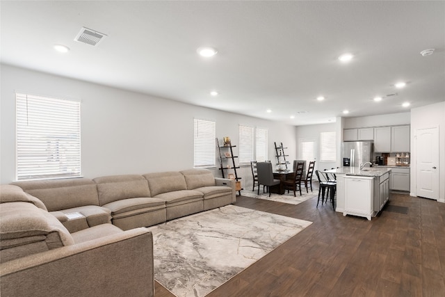 288 Caddo Bnd, Kyle, TX 78640 - living room featuring dark wood-style floors and recessed lighting