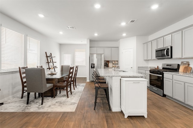 288 Caddo Bnd, Kyle, TX 78640 - kitchen with appliances with stainless steel finishes, a breakfast bar, a kitchen island with sink, recessed lighting, and light wood-style floors
