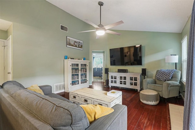 12320 Cedarspur Rd, Austin, TX 78758 - living area featuring hardwood / wood-style flooring, ceiling fan, and high vaulted ceiling