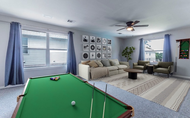 208 Settlers Valley Dr, Pflugerville, TX 78660 - rec room featuring ceiling fan, billiards table, carpet, and baseboards
