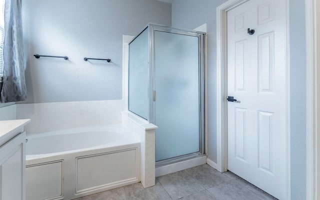 208 Settlers Valley Dr, Pflugerville, TX 78660 - full bathroom with a shower stall, a bath, tile patterned flooring, and vanity