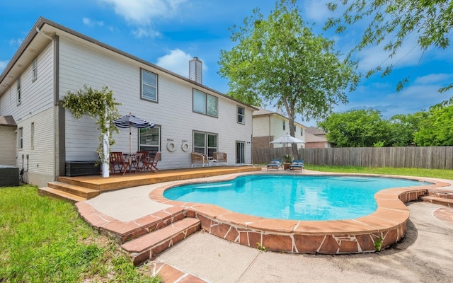 208 Settlers Valley Dr, Pflugerville, TX 78660 - view of pool with a fenced backyard, cooling unit, a patio, and a wooden deck