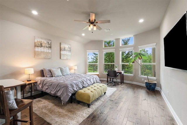 403 Baldovino Skwy, Austin, TX 78738 - bedroom featuring hardwood / wood-style flooring, multiple windows, recessed lighting, and ceiling fan