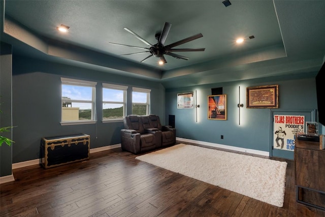 403 Baldovino Skwy, Austin, TX 78738 - living area with a raised ceiling, ceiling fan, hardwood / wood-style floors, baseboards, and recessed lighting
