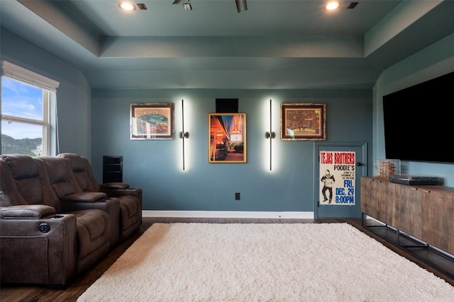 403 Baldovino Skwy, Austin, TX 78738 - home theater room featuring a tray ceiling, wood finished floors, baseboards, and recessed lighting