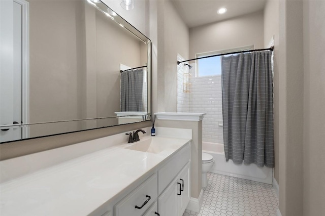 403 Baldovino Skwy, Austin, TX 78738 - bathroom with vanity, shower / bath combo with shower curtain, recessed lighting, and tile patterned flooring