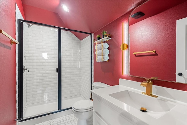 403 Baldovino Skwy, Austin, TX 78738 - full bathroom with a shower stall, vanity, lofted ceiling, and a textured wall