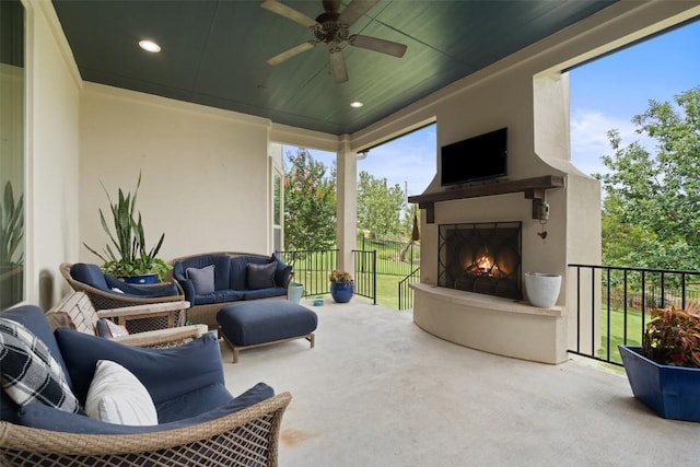 403 Baldovino Skwy, Austin, TX 78738 - view of patio featuring an outdoor living space with a fireplace and ceiling fan