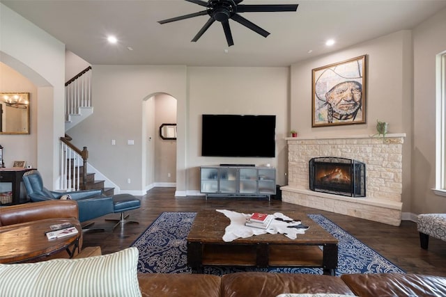 403 Baldovino Skwy, Austin, TX 78738 - living room with arched walkways, ceiling fan, wood finished floors, and recessed lighting