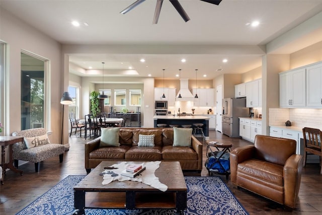 403 Baldovino Skwy, Austin, TX 78738 - living room featuring dark wood-style flooring, a ceiling fan, and recessed lighting
