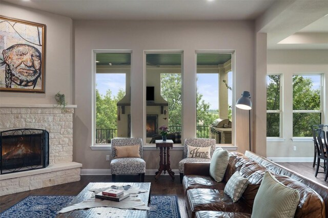 403 Baldovino Skwy, Austin, TX 78738 - living room featuring a stone fireplace and wood finished floors