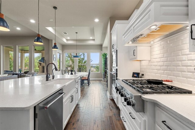 403 Baldovino Skwy, Austin, TX 78738 - kitchen with appliances with stainless steel finishes, dark wood-style flooring, backsplash, white cabinets, and recessed lighting