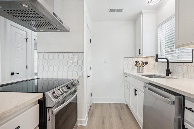 6102 Amber Pass, Austin, TX 78745 - kitchen with appliances with stainless steel finishes, wall chimney exhaust hood, a sink, light wood-style floors, and white cabinetry