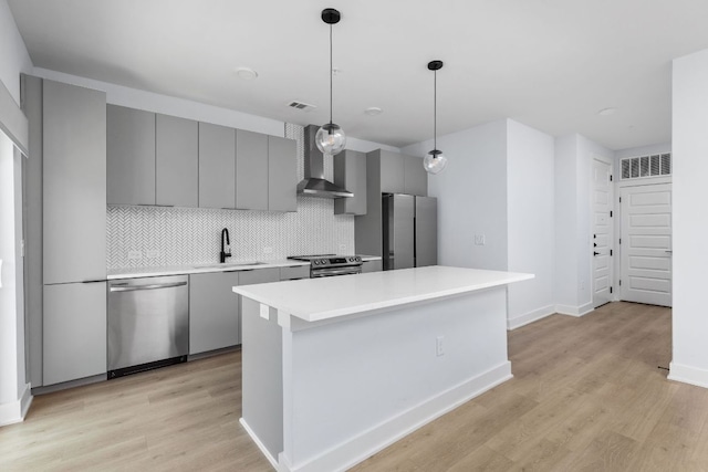2500 Longview St Unit 101, Austin, TX 78705 - kitchen featuring wall chimney range hood, gray cabinets, appliances with stainless steel finishes, a sink, and decorative backsplash