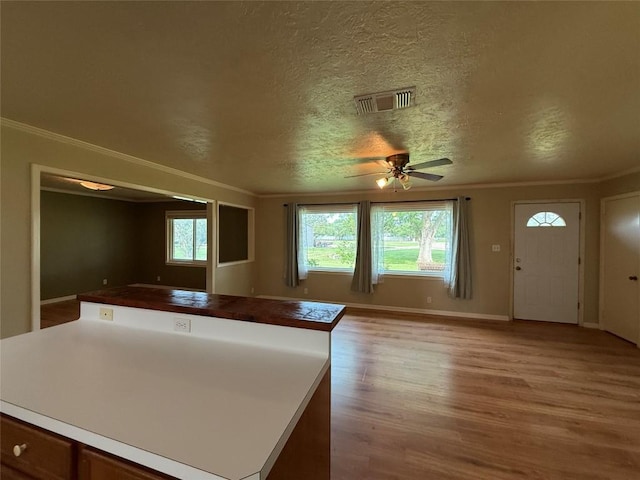 429 Camelback Rd, La Grange, TX 78945 - kitchen with light wood-type flooring, ornamental molding, ceiling fan, baseboards, and open floor plan