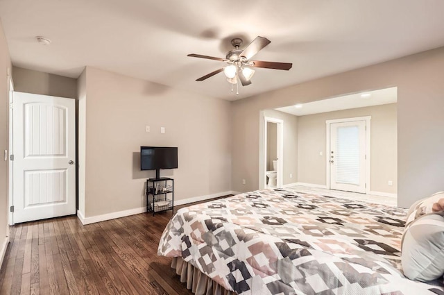 704 Wren Ave, Austin, TX 78753 - bedroom featuring dark wood-type flooring, ceiling fan, and ensuite bathroom