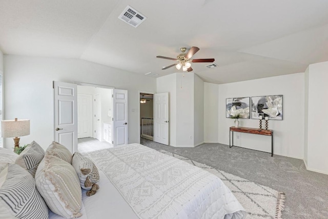 2701 Bolton St, Austin, TX 78748 - bedroom featuring light colored carpet, vaulted ceiling, baseboards, and ceiling fan
