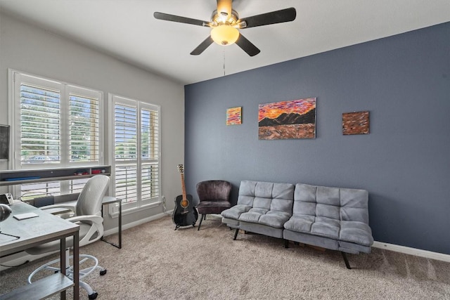 13625 Glen Creek Ct, Manor, TX 78653 - home office featuring carpet flooring, baseboards, and ceiling fan