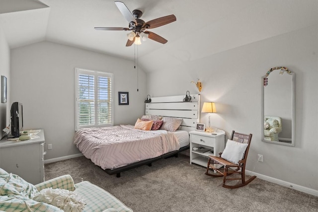 13625 Glen Creek Ct, Manor, TX 78653 - bedroom with vaulted ceiling, carpet, baseboards, and a ceiling fan