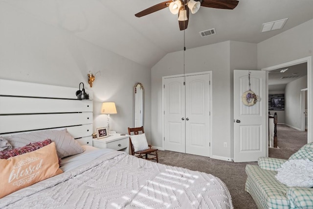 13625 Glen Creek Ct, Manor, TX 78653 - carpeted bedroom with a closet, baseboards, vaulted ceiling, and a ceiling fan